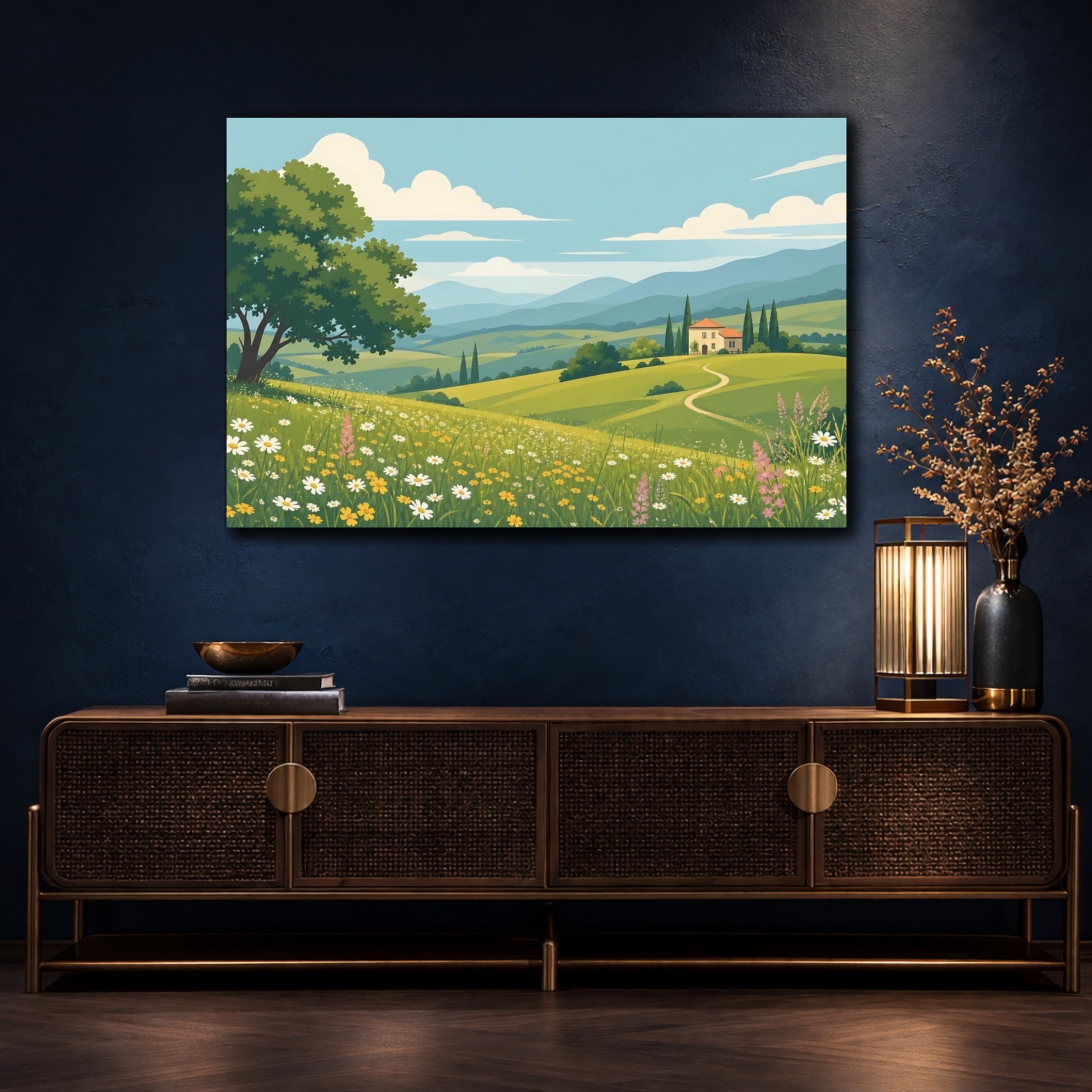 Mockup 4. Nature Tuscan Landscape Green And Blue Landscape shown as stretched canvas wall art
