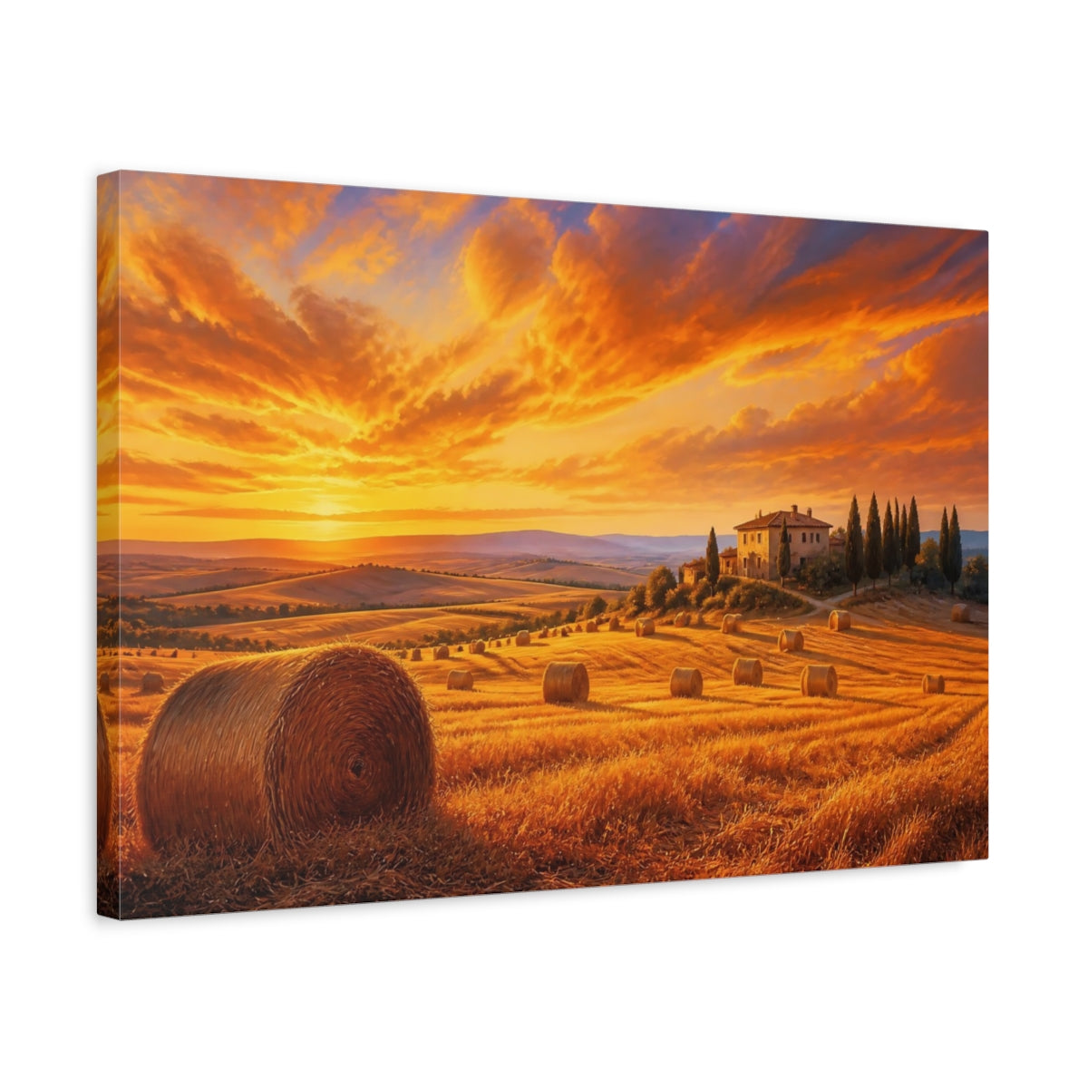 Side Mockup 3. Nature Tuscan Landscape Orange Sunset shown as stretched canvas wall art