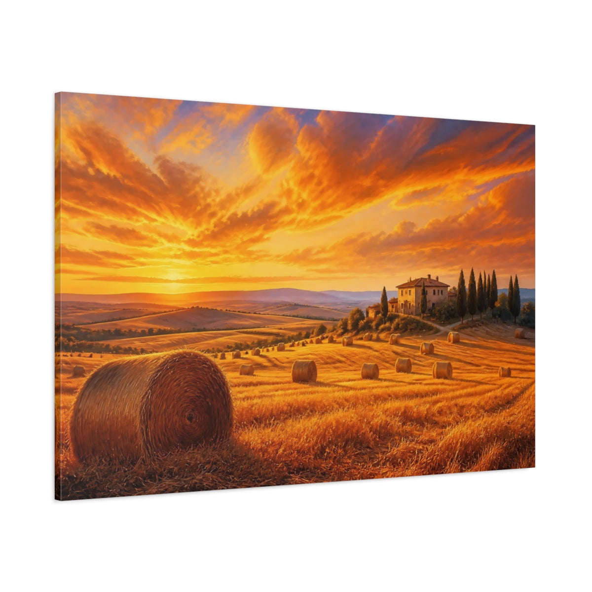 Side Mockup 1. Nature Tuscan Landscape Orange Sunset shown as stretched canvas wall art