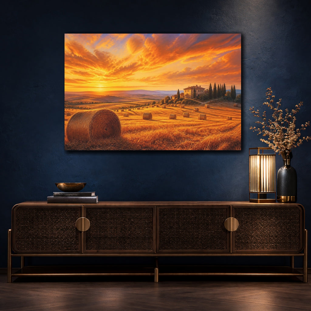 Mockup 4. Nature Tuscan Landscape Orange Sunset shown as stretched canvas wall art