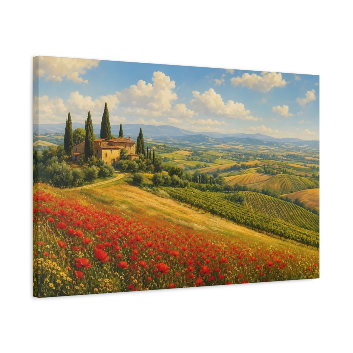 Side Mockup 2. Nature Tuscan Landscape Red Poppies Landscape shown as canvas print