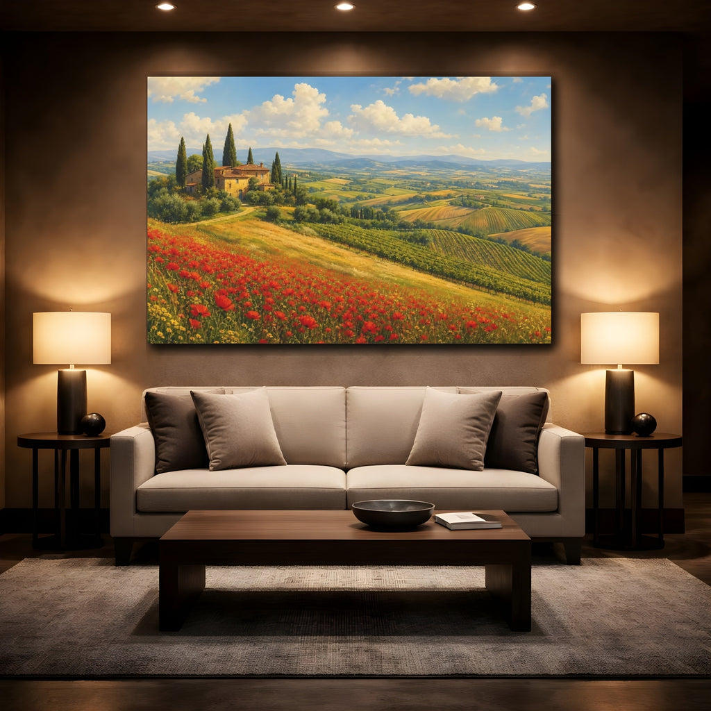 Mockup 2. Nature Tuscan Landscape Red Poppies Landscape shown as canvas print