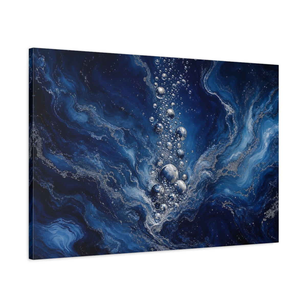 Main Mockup. Nature Water Bubbles Blue And Silver shown as stretched canvas wall art