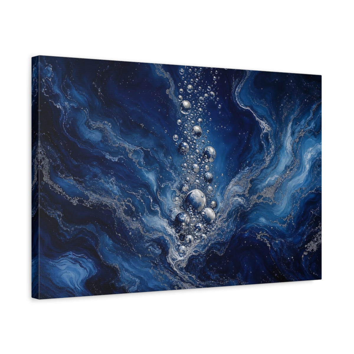 Side Mockup 3. Nature Water Bubbles Blue And Silver shown as stretched canvas wall art
