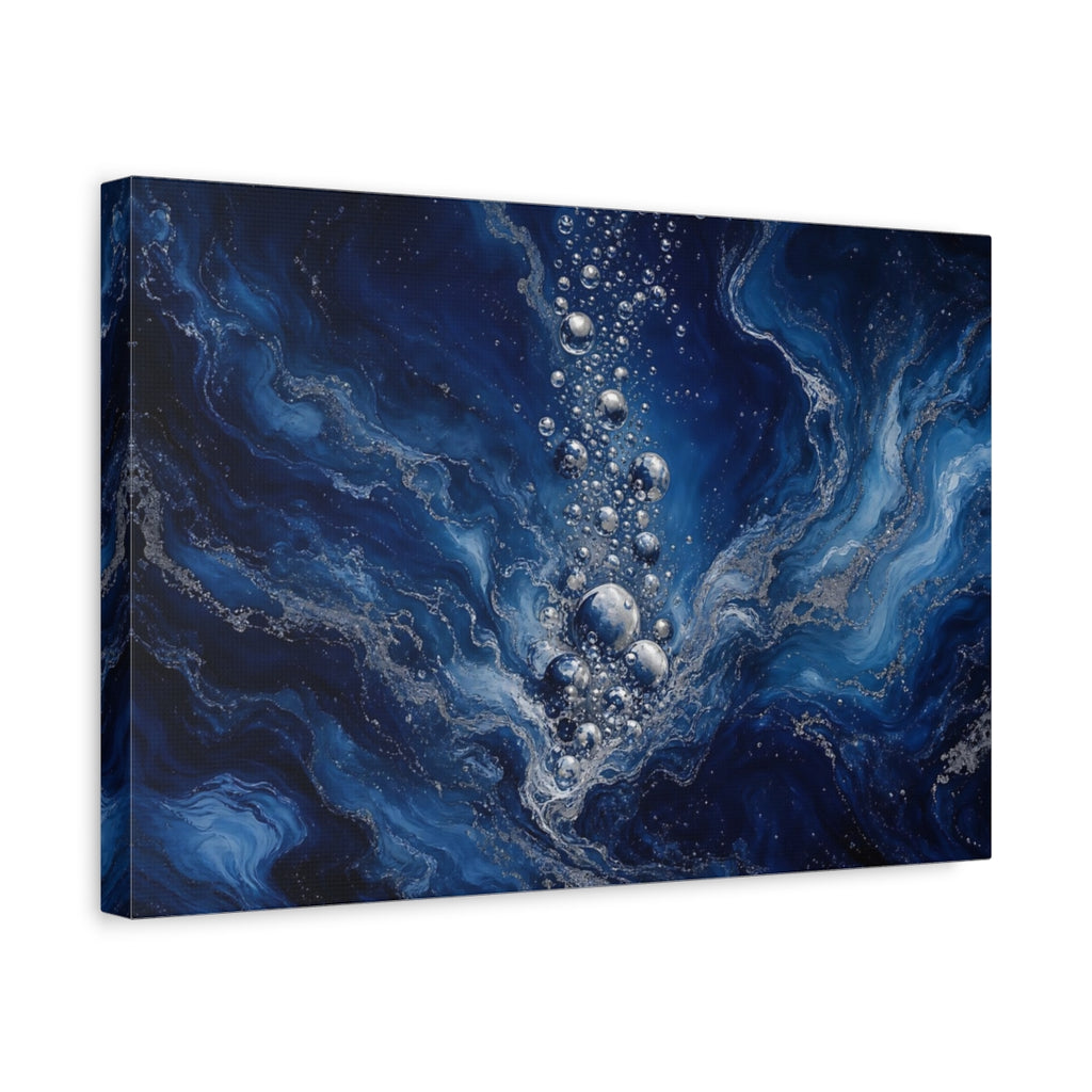 Side Mockup 4. Nature Water Bubbles Blue And Silver shown as stretched canvas wall art