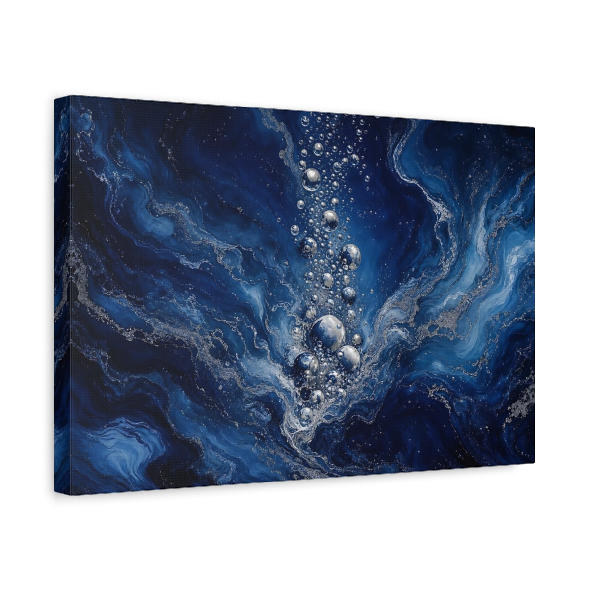 Side Mockup 4. Nature Water Bubbles Blue And Silver shown as stretched canvas wall art