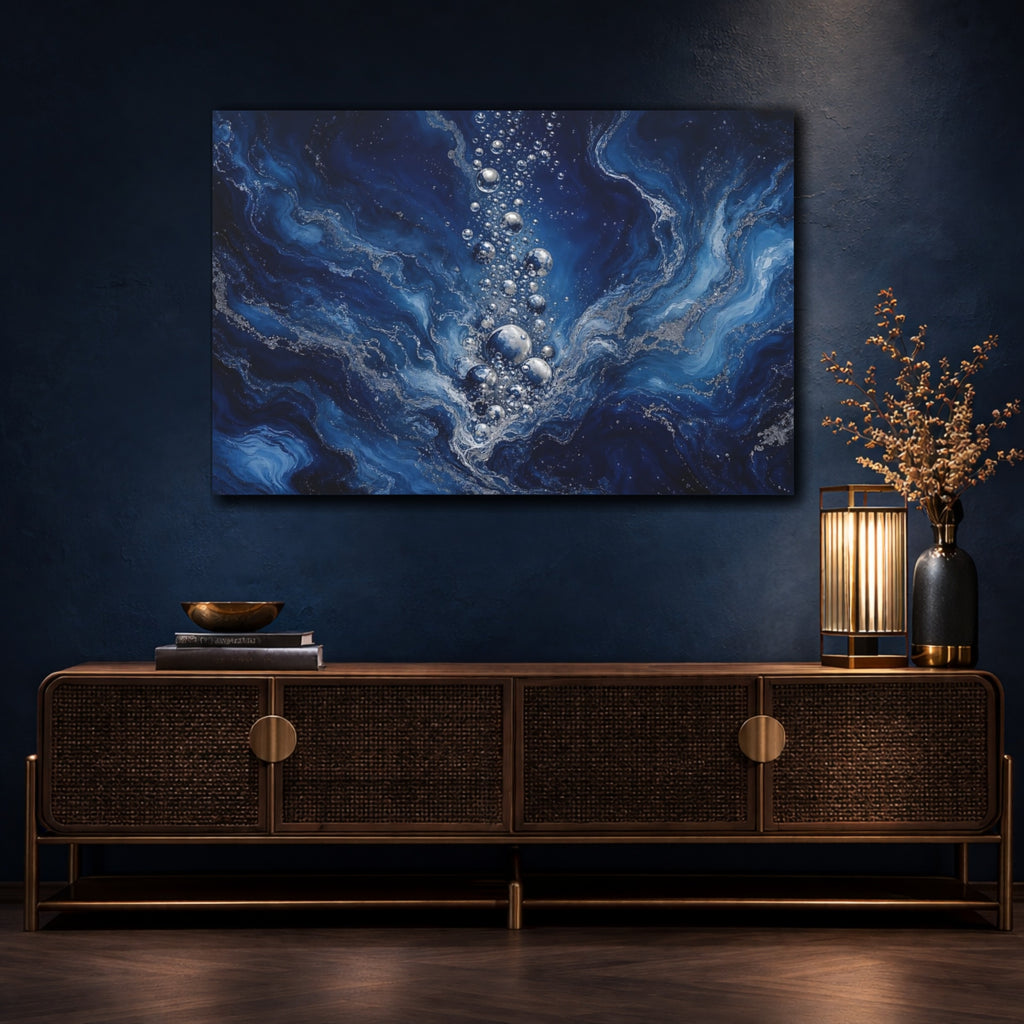 Mockup 4. Nature Water Bubbles Blue And Silver shown as stretched canvas wall art