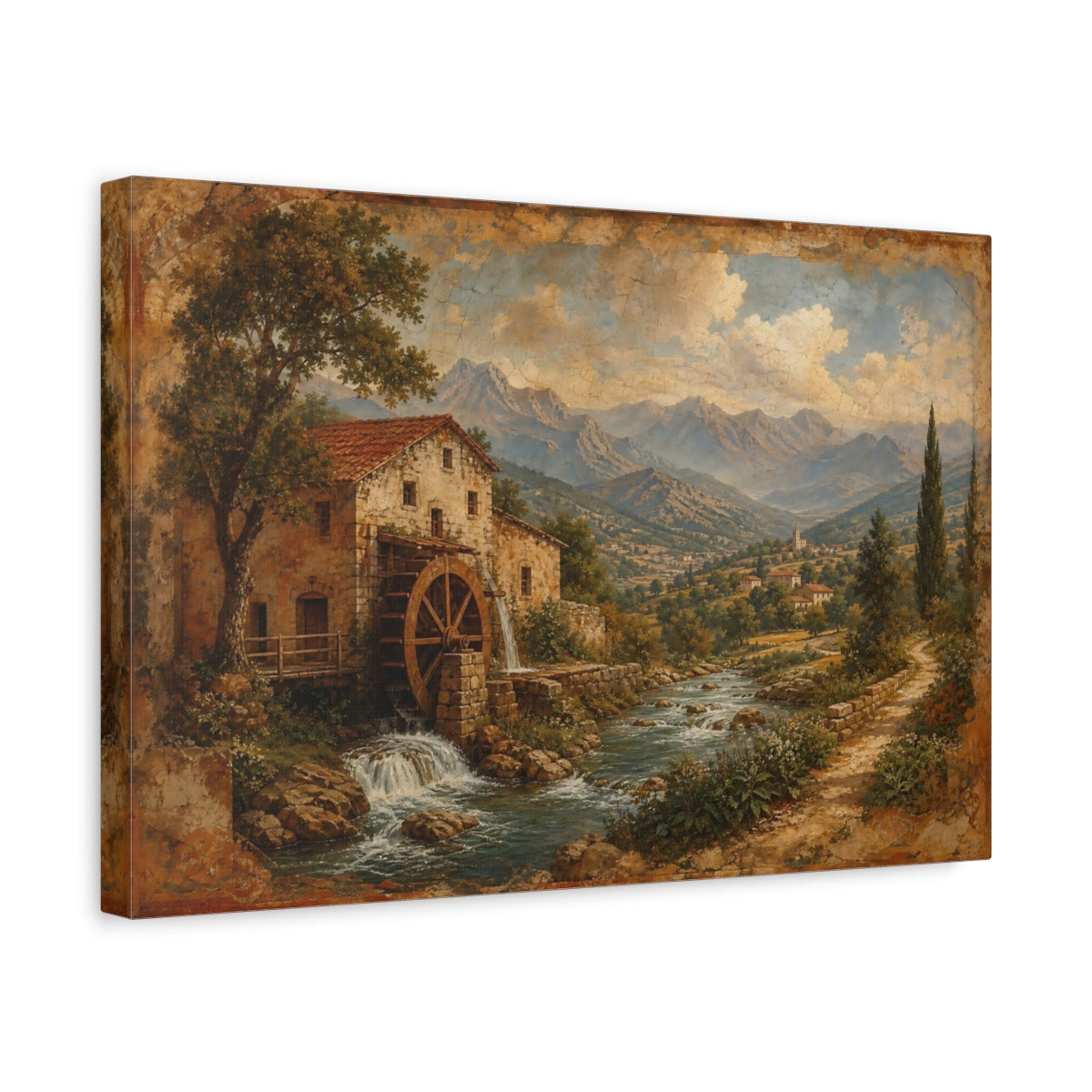 Side Mockup 4. Nature Water Mill Rustic Water Mill shown as stretched canvas wall art