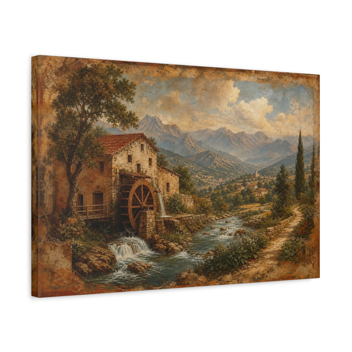 Side Mockup 3. Nature Water Mill Rustic Water Mill shown as stretched canvas wall art
