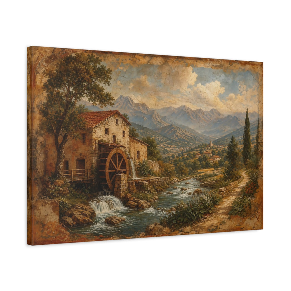 Side Mockup 2. Nature Water Mill Rustic Water Mill shown as stretched canvas wall art