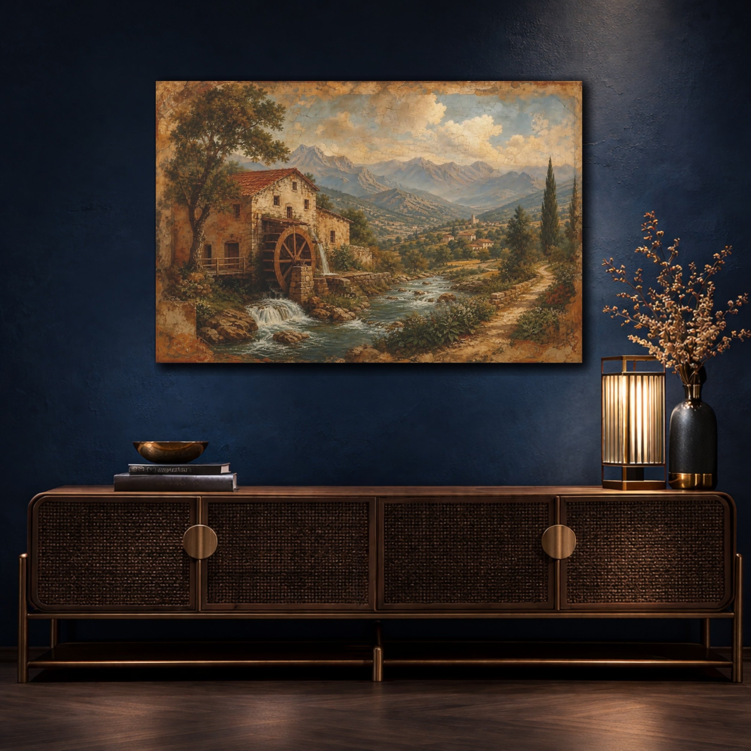 Mockup 4. Nature Water Mill Rustic Water Mill shown as stretched canvas wall art