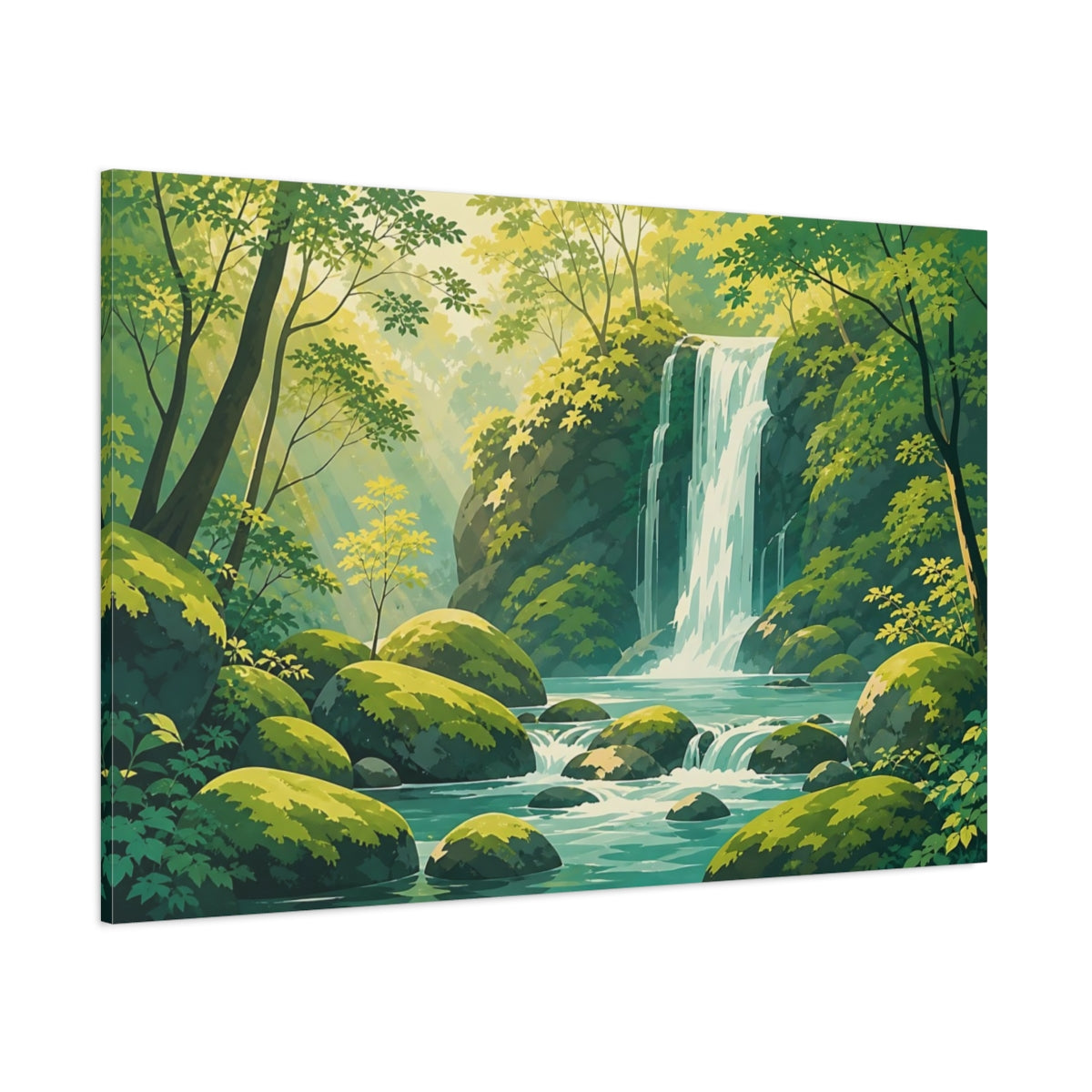Side Mockup 1. Nature Waterfall Green And Blue shown as stretched canvas wall art