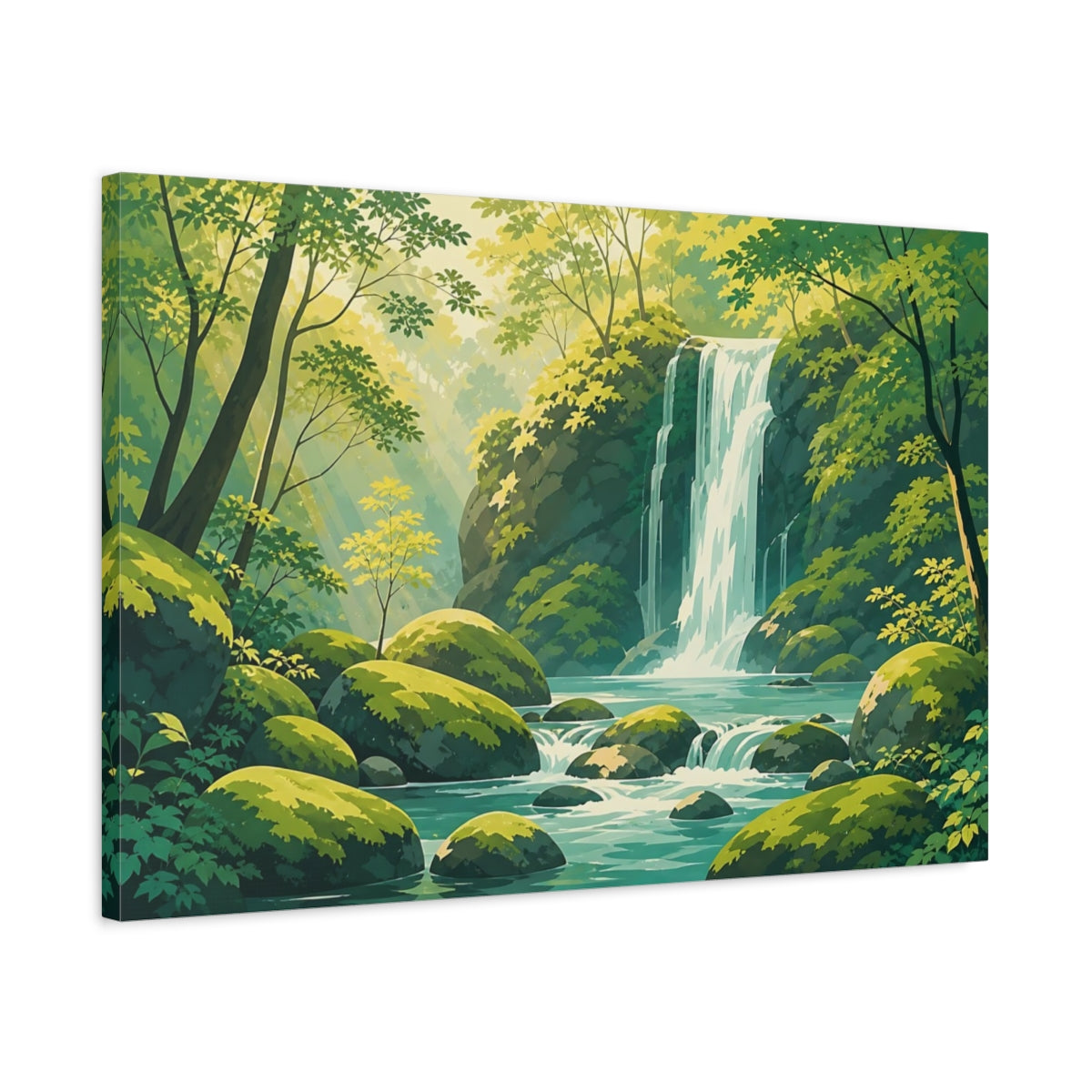 Side Mockup 2. Nature Waterfall Green And Blue shown as stretched canvas wall art
