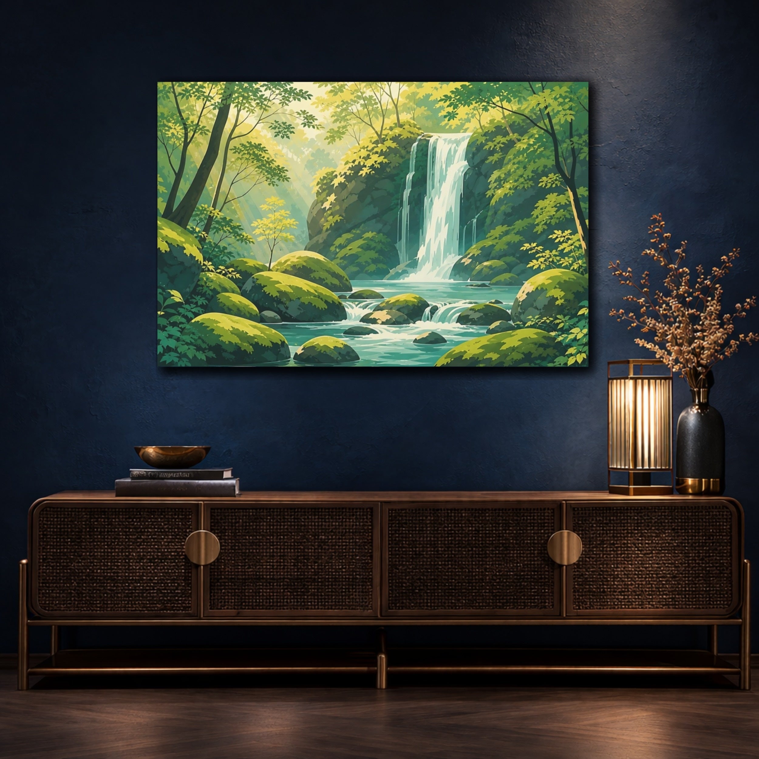 Mockup 4. Nature Waterfall Green And Blue shown as stretched canvas wall art
