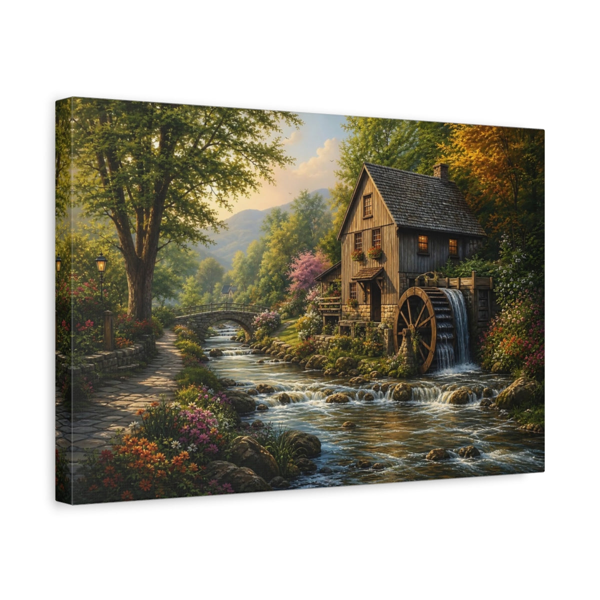 Side Mockup 4. Nature Watermill Watermill Landscape shown as canvas print