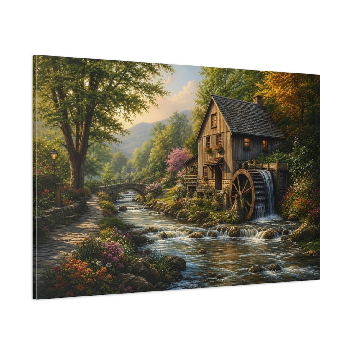 Side Mockup 1. Nature Watermill Watermill Landscape shown as canvas print