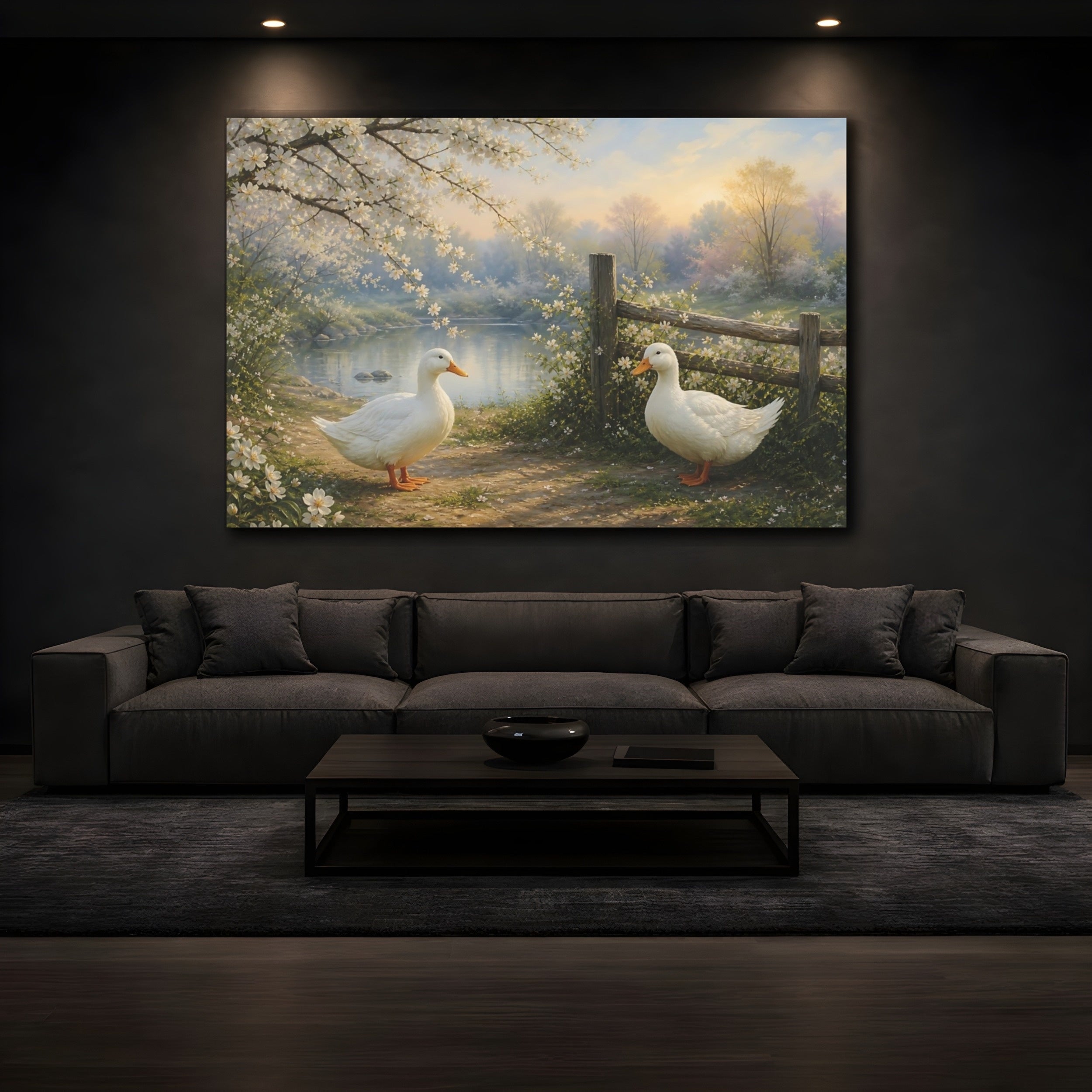 Mockup 3. Nature White Ducks Spring Nature Scene shown as canvas print