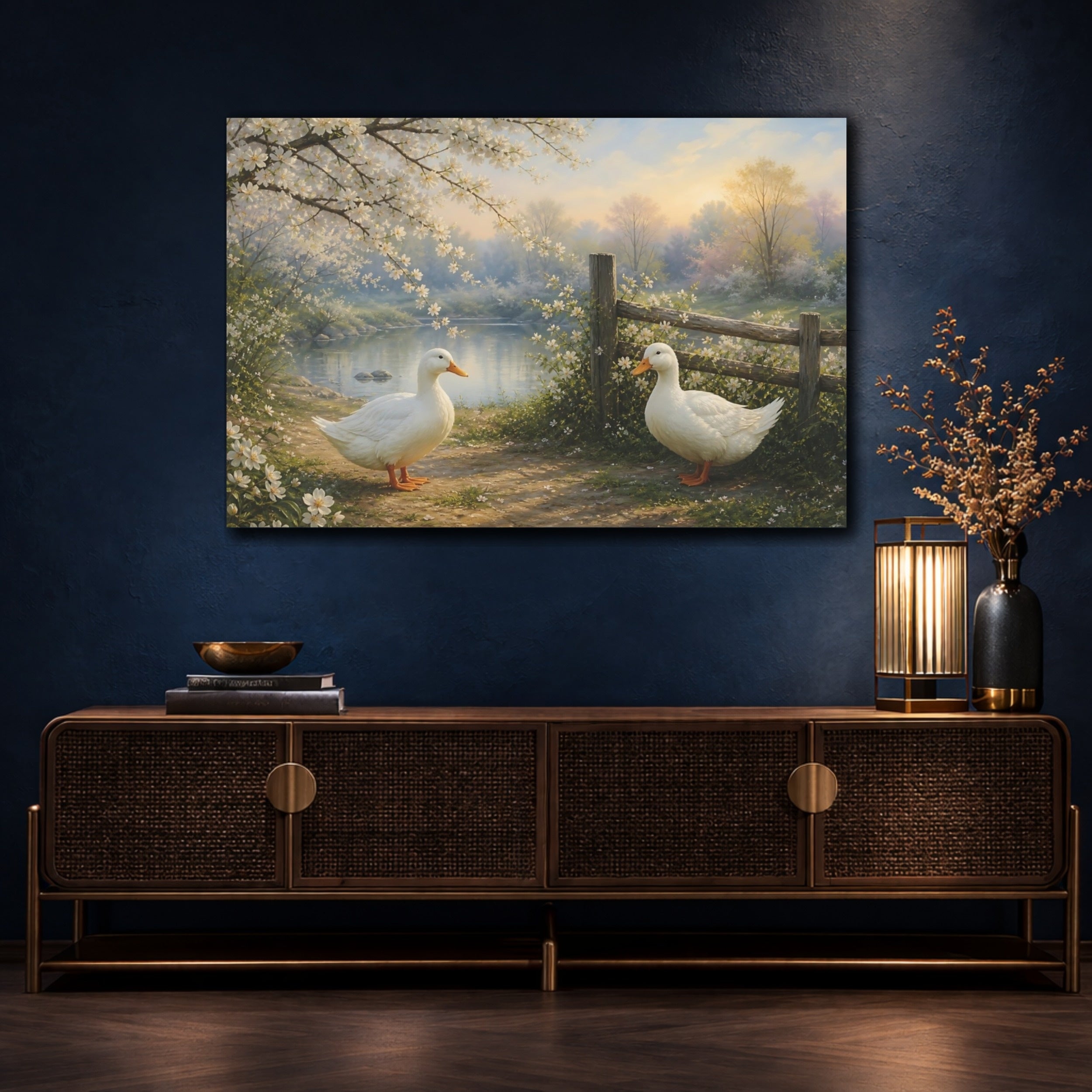 Mockup 4. Nature White Ducks Spring Nature Scene shown as canvas print