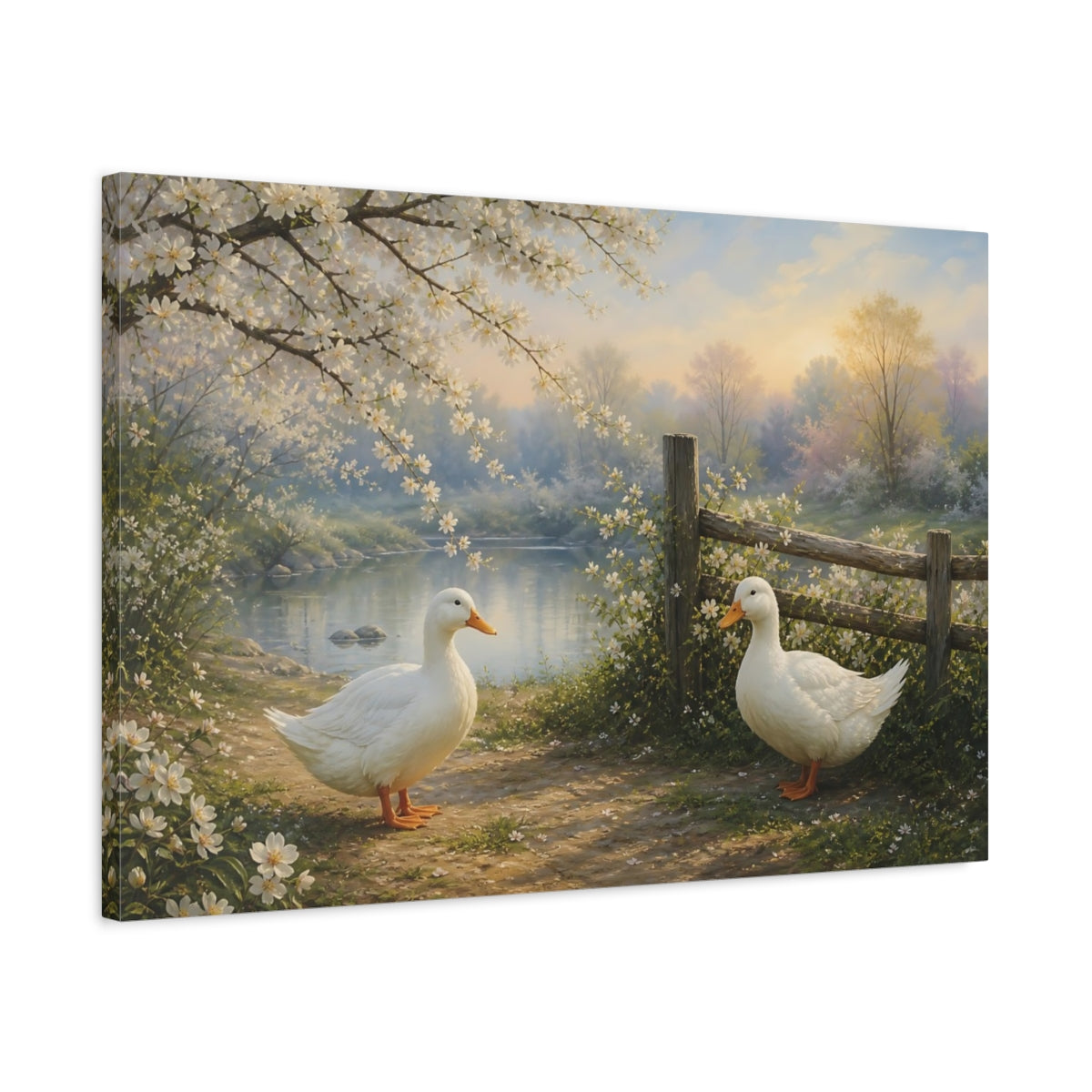 Side Mockup 2. Nature White Ducks Spring Nature Scene shown as canvas print