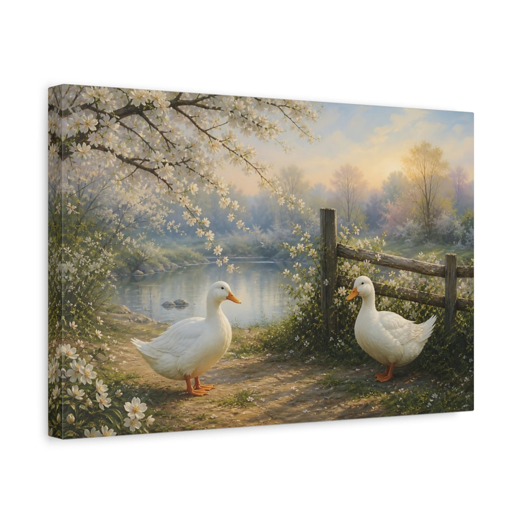 Side Mockup 4. Nature White Ducks Spring Nature Scene shown as canvas print