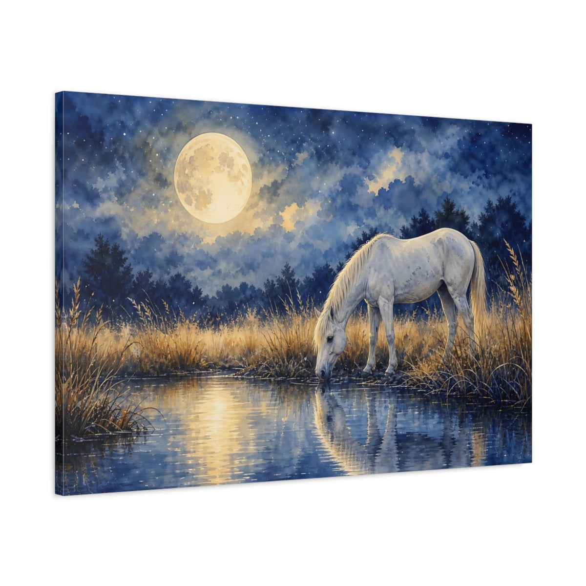 Main Mockup. Nature White Horse Blue And Gold shown as stretched canvas wall art