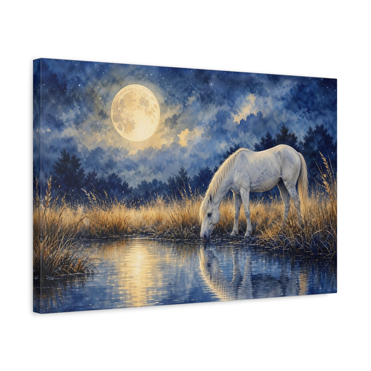 Side Mockup 3. Nature White Horse Blue And Gold shown as stretched canvas wall art