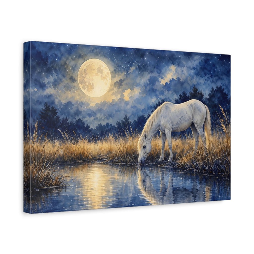 Side Mockup 4. Nature White Horse Blue And Gold shown as stretched canvas wall art