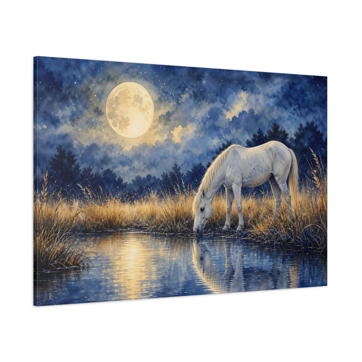 Side Mockup 1. Nature White Horse Blue And Gold shown as stretched canvas wall art