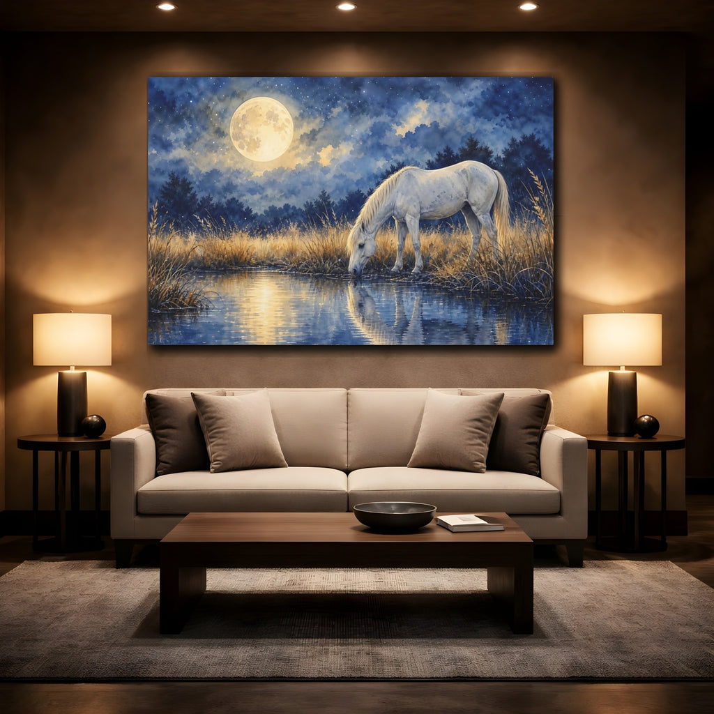 Mockup 2. Nature White Horse Blue And Gold shown as stretched canvas wall art