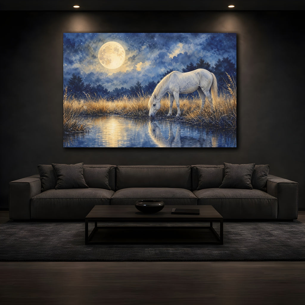 Mockup 3. Nature White Horse Blue And Gold shown as stretched canvas wall art