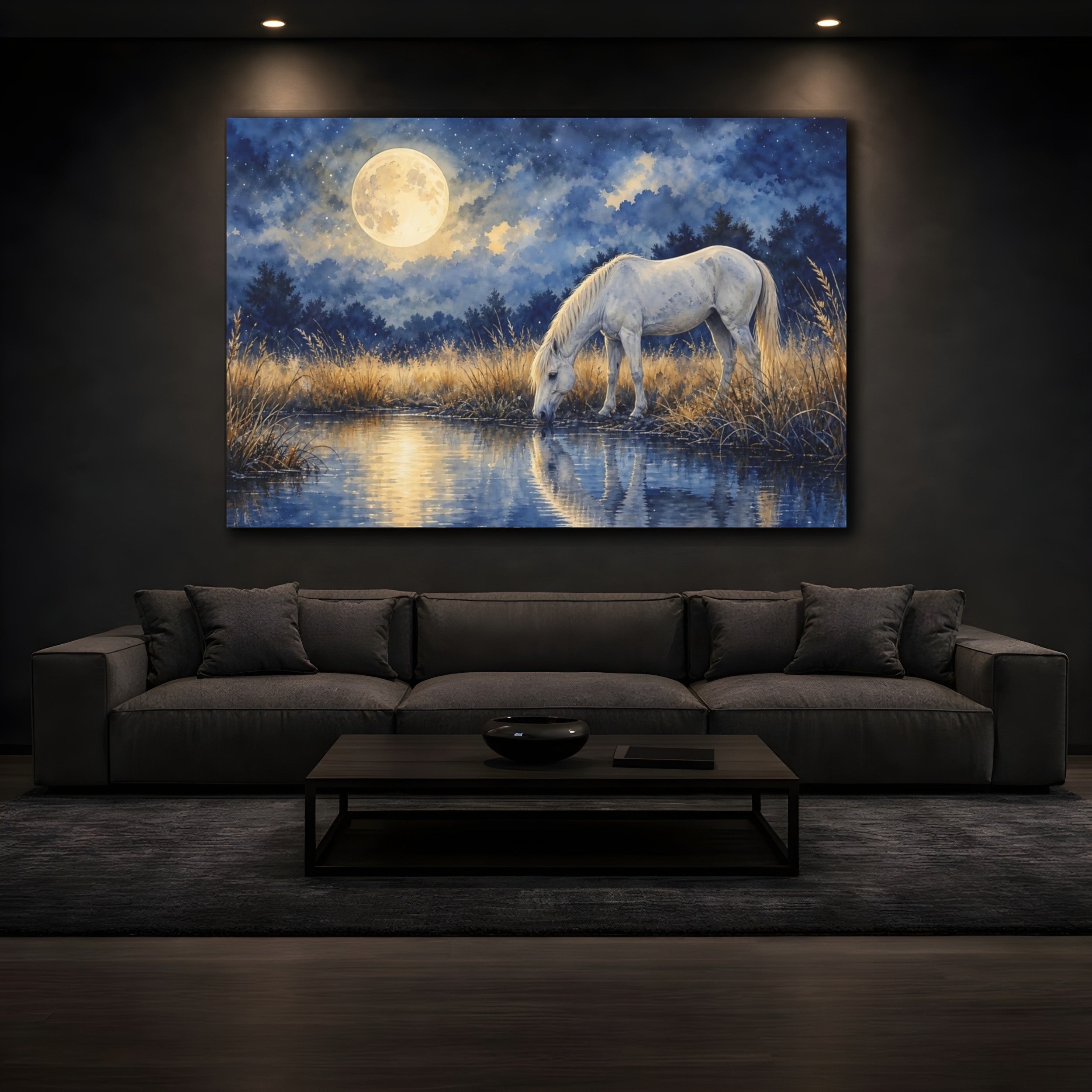 Mockup 3. Nature White Horse Blue And Gold shown as stretched canvas wall art