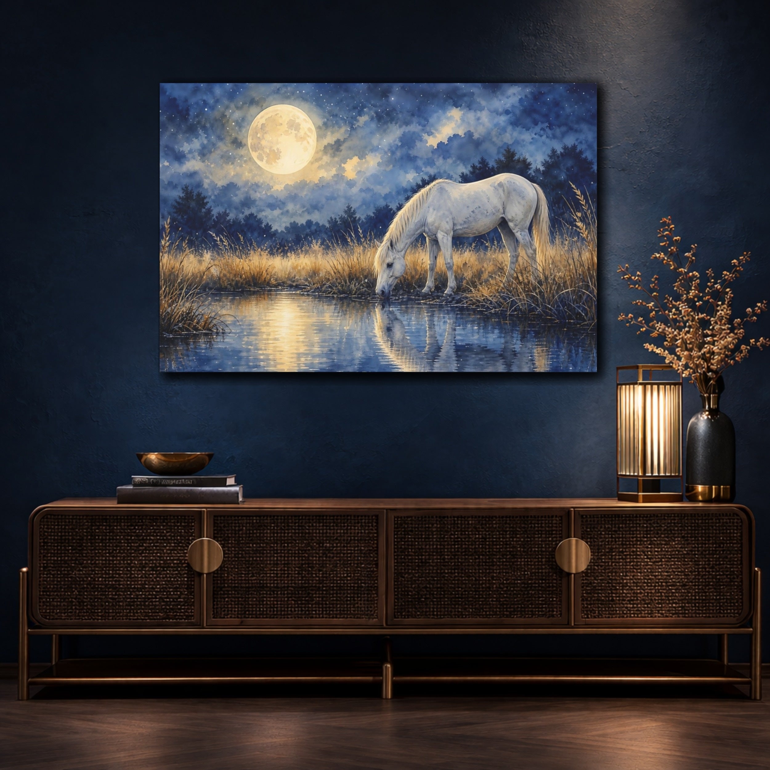 Mockup 4. Nature White Horse Blue And Gold shown as stretched canvas wall art