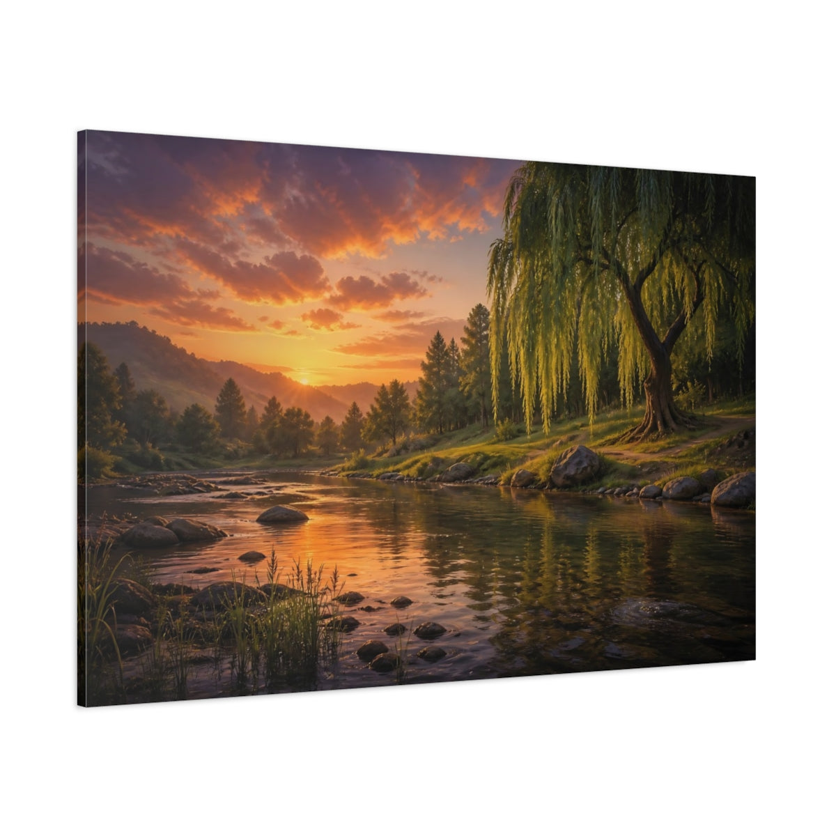 Side Mockup 1. Nature Willow Tree Orange And Green shown as canvas print
