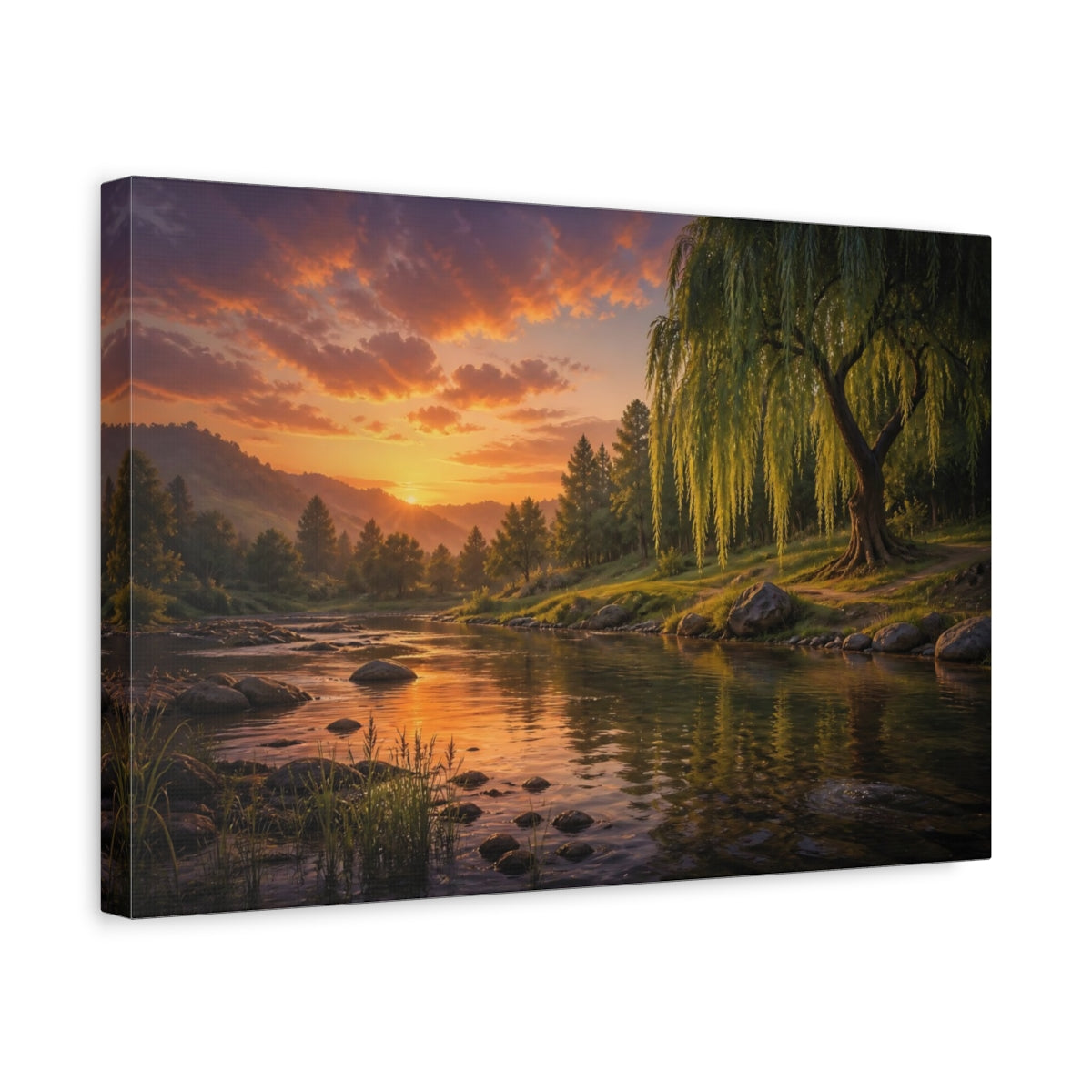 Side Mockup 4. Nature Willow Tree Orange And Green shown as canvas print