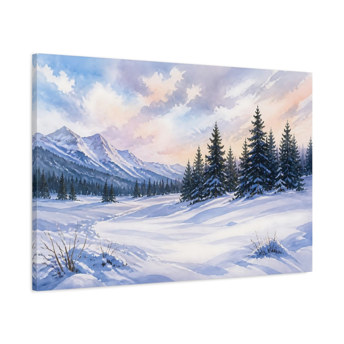 Main Mockup. Nature Winter Landscape Snowy Mountain shown as stretched canvas wall art
