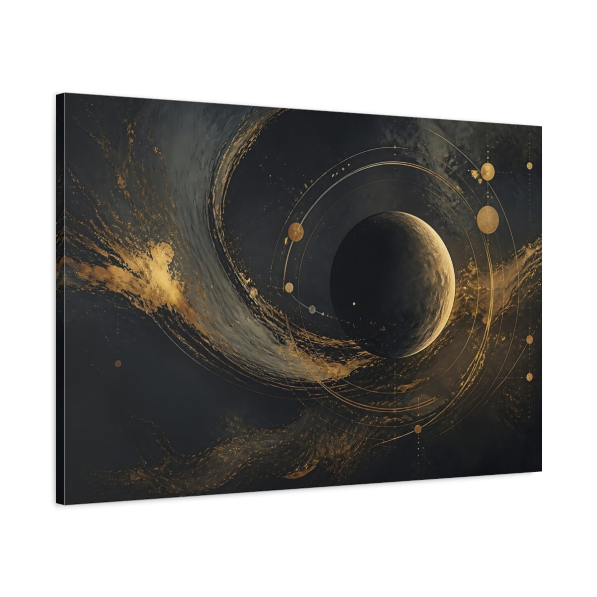 Main Mockup. Science Fiction Planet Black And Gold shown as stretched canvas wall art