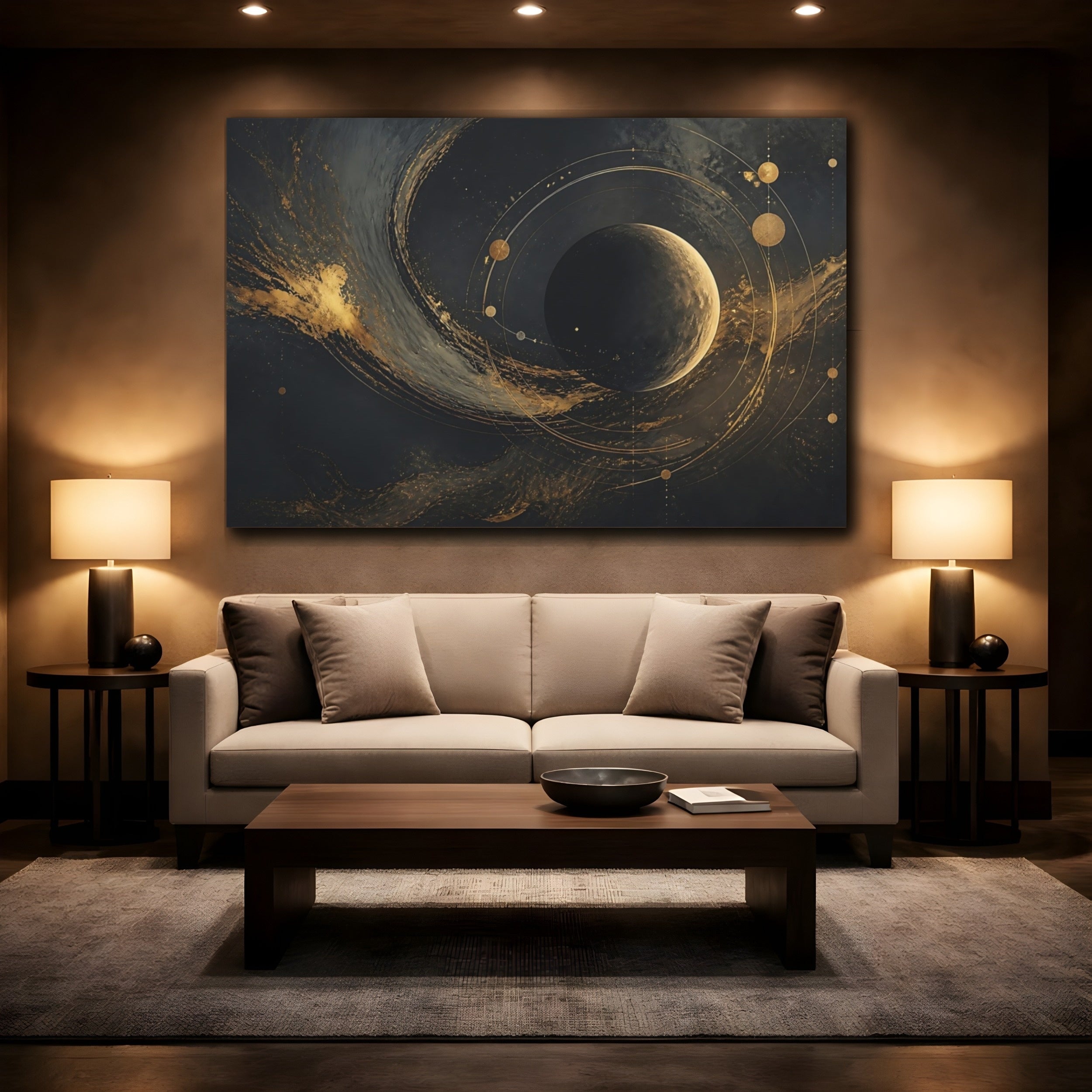 Mockup 2. Science Fiction Planet Black And Gold shown as stretched canvas wall art