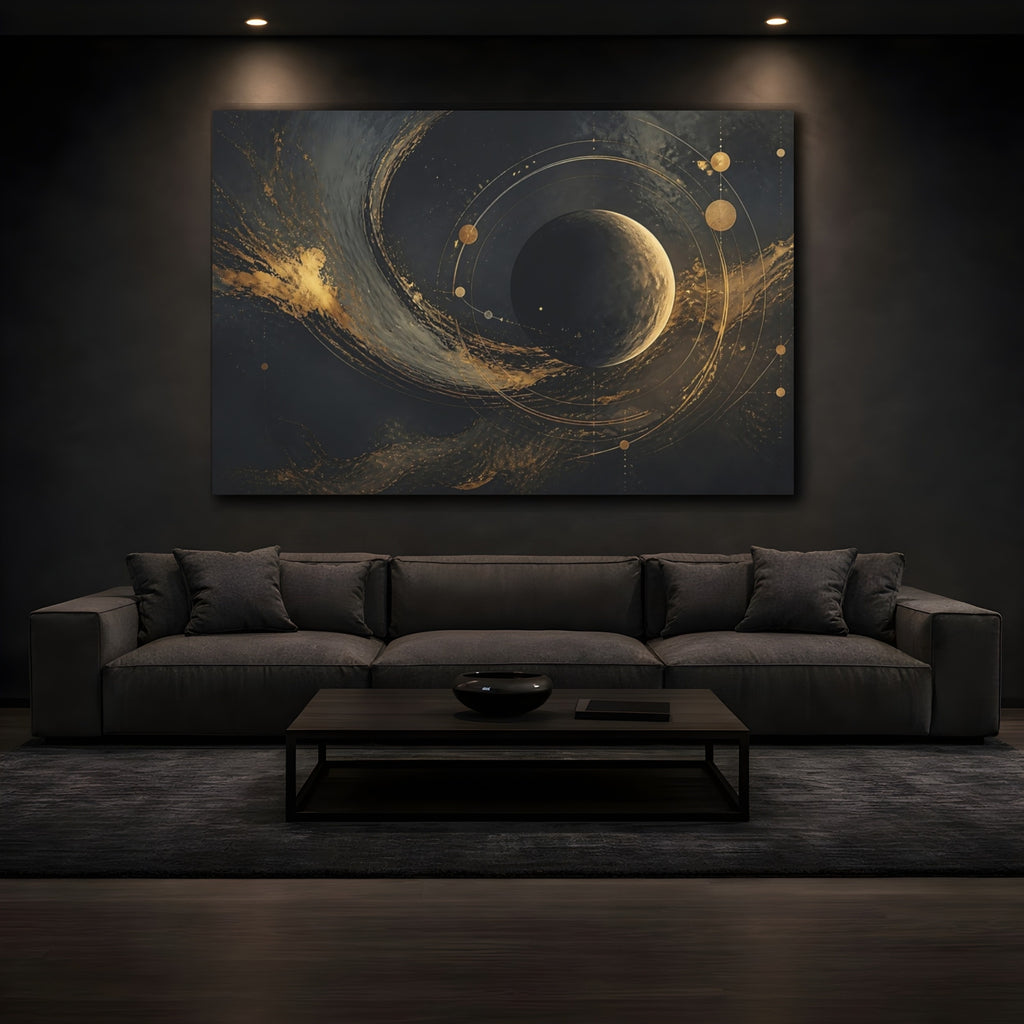 Mockup 3. Science Fiction Planet Black And Gold shown as stretched canvas wall art