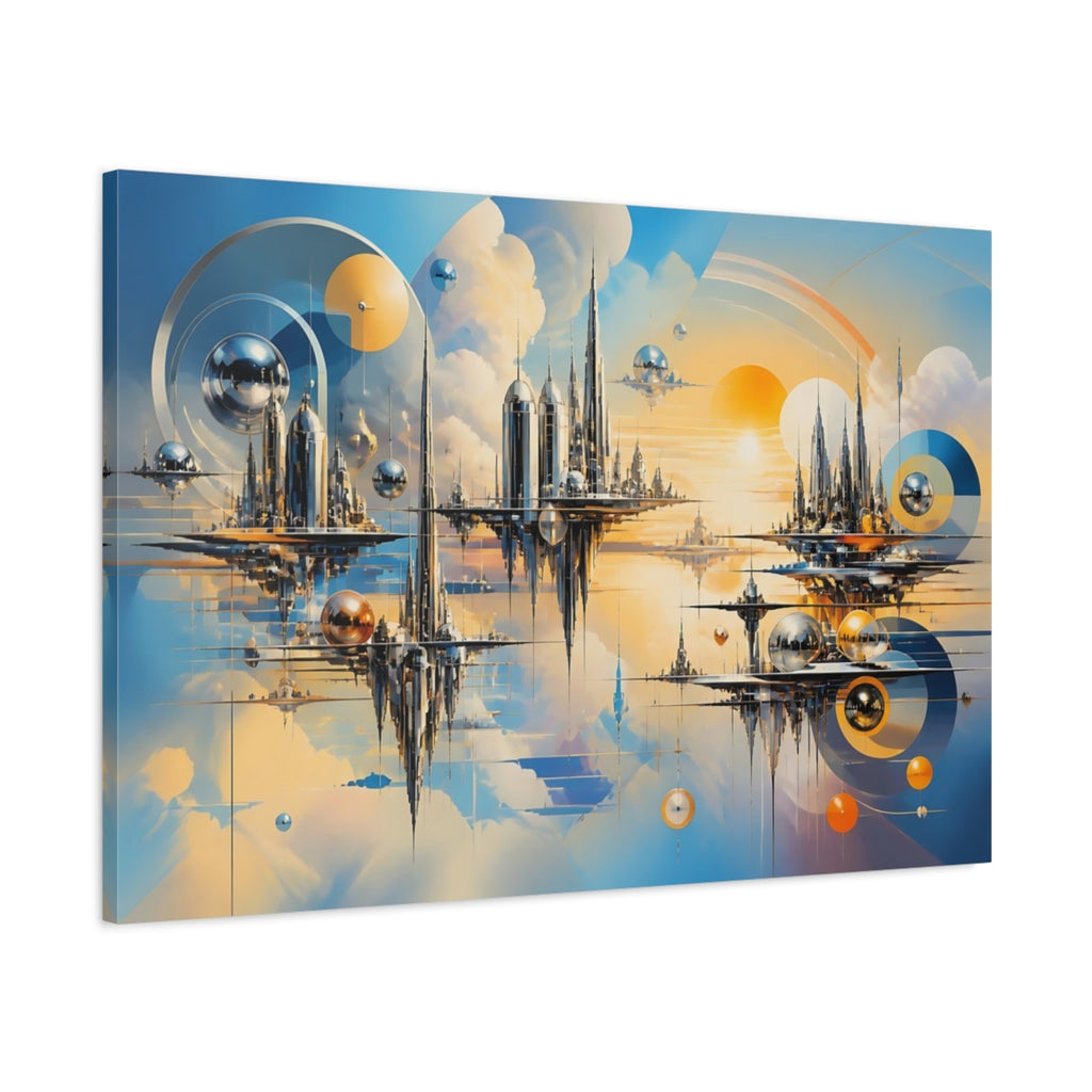 Main Mockup. Science Fiction Sky City Blue Orange Cityscape shown as stretched canvas wall art
