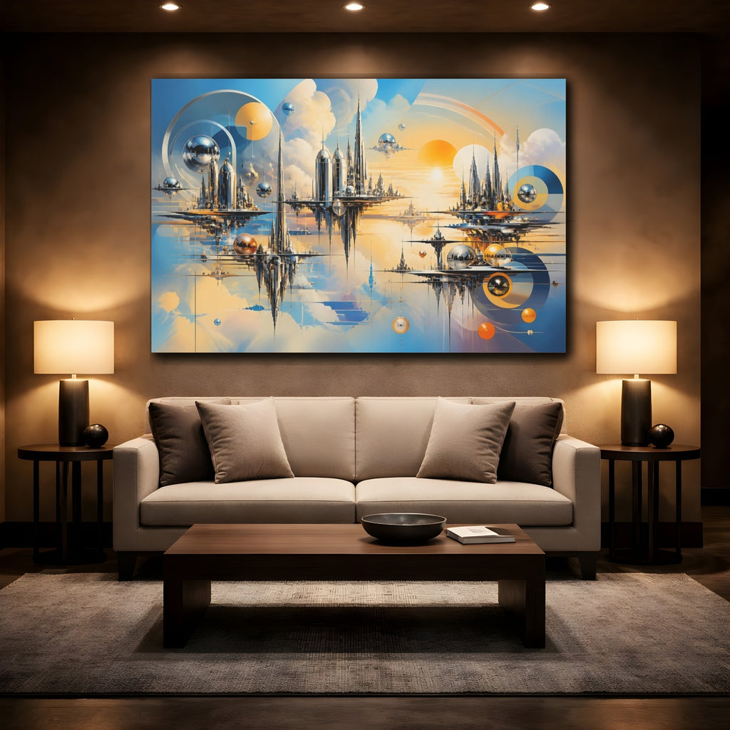 Mockup 2. Science Fiction Sky City Blue Orange Cityscape shown as stretched canvas wall art
