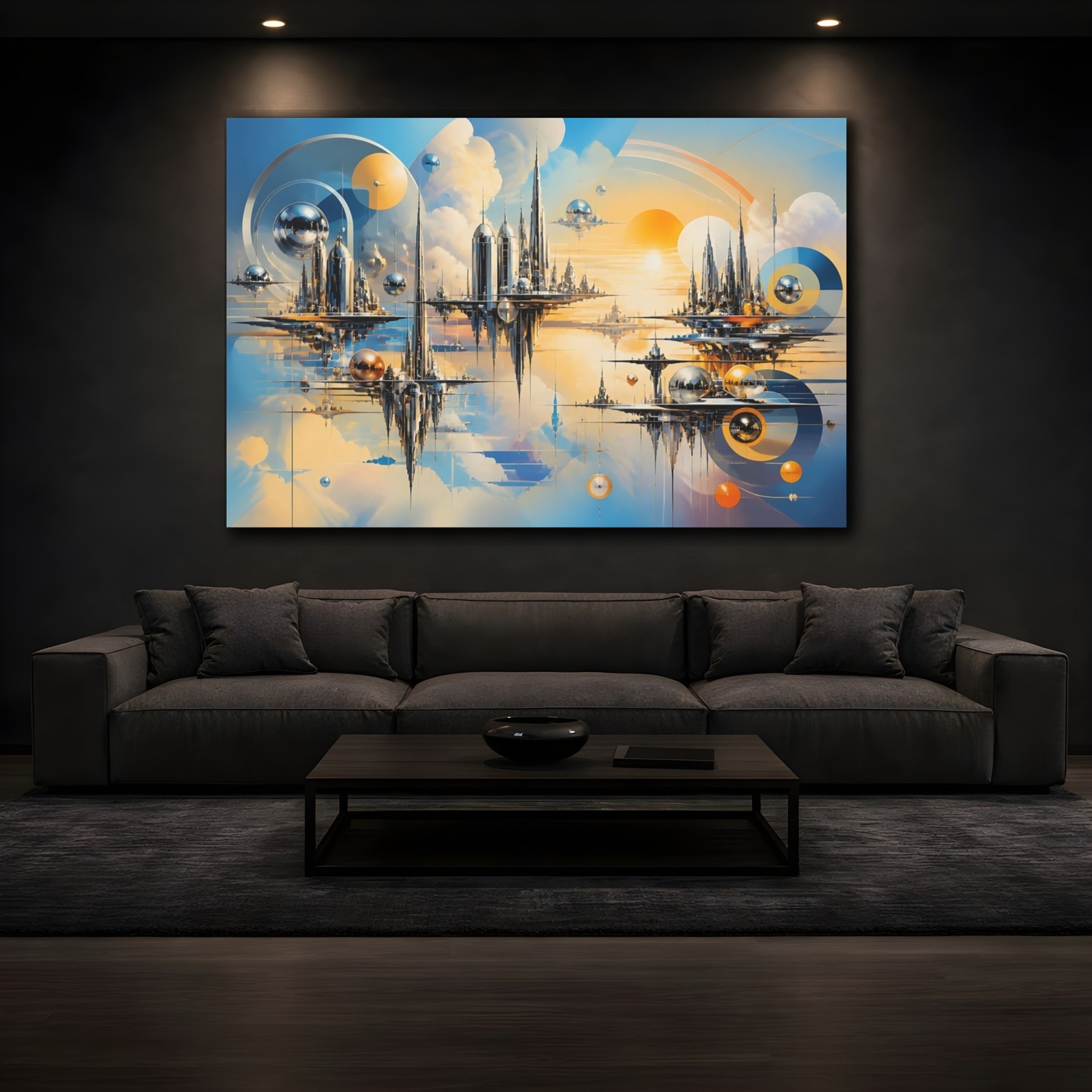 Mockup 3. Science Fiction Sky City Blue Orange Cityscape shown as stretched canvas wall art