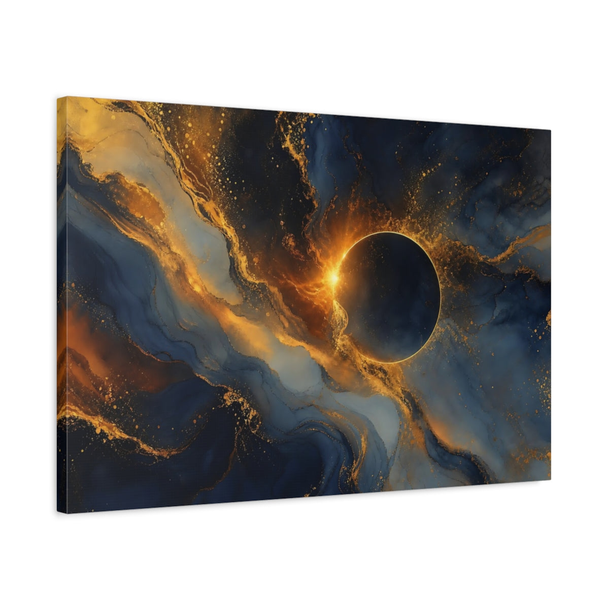 Side Mockup 2. Science Fiction Solar Eclipse Blue And Gold shown as stretched canvas wall art