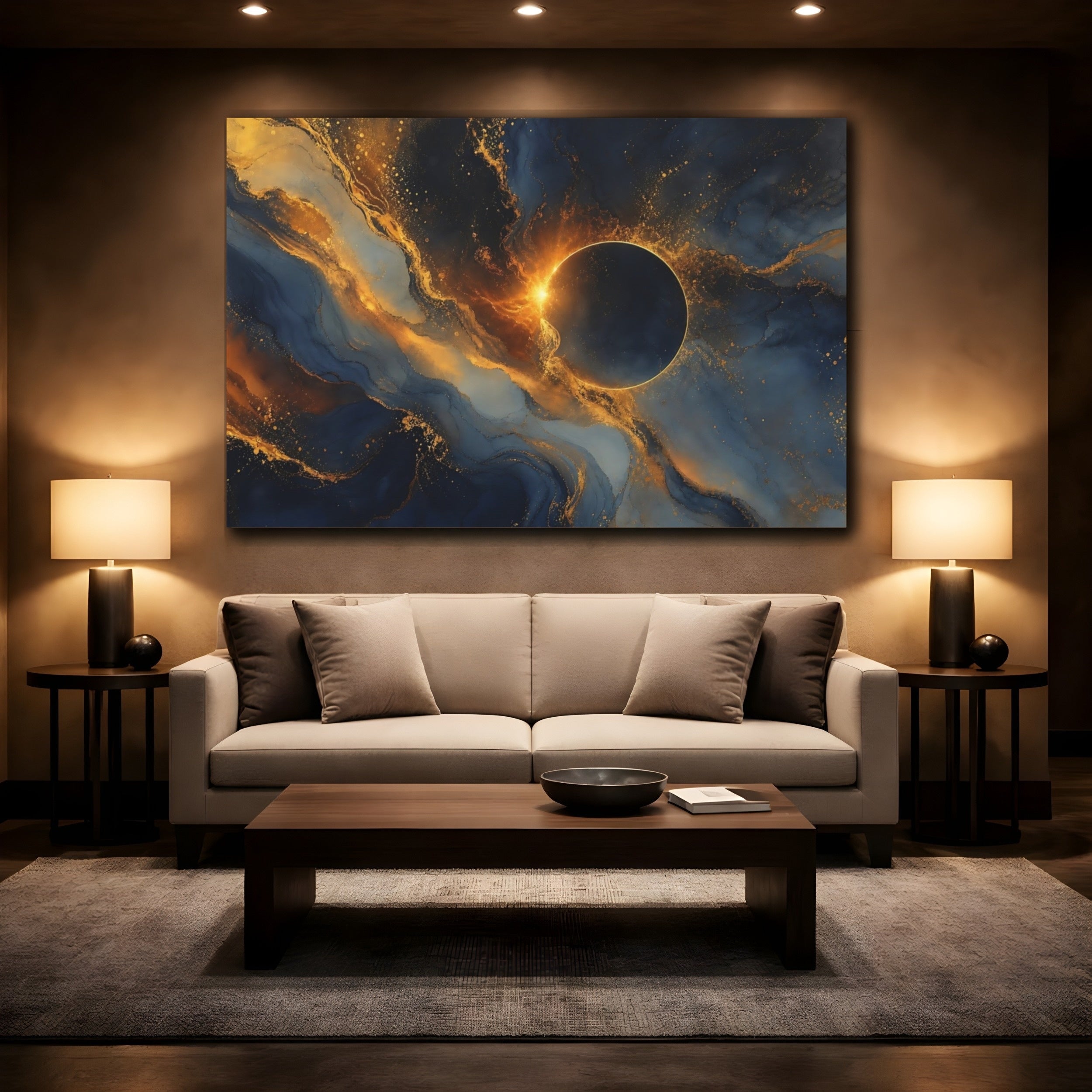 Mockup 2. Science Fiction Solar Eclipse Blue And Gold shown as stretched canvas wall art