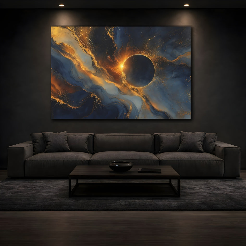 Mockup 3. Science Fiction Solar Eclipse Blue And Gold shown as stretched canvas wall art