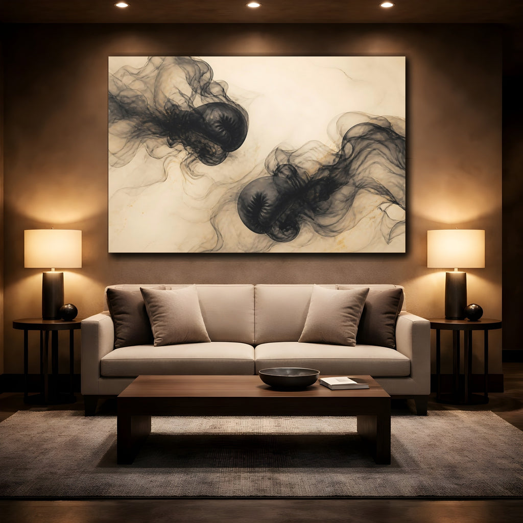 Mockup 2. Sports Boxing Gloves Black Gold Boxing shown as stretched canvas wall art