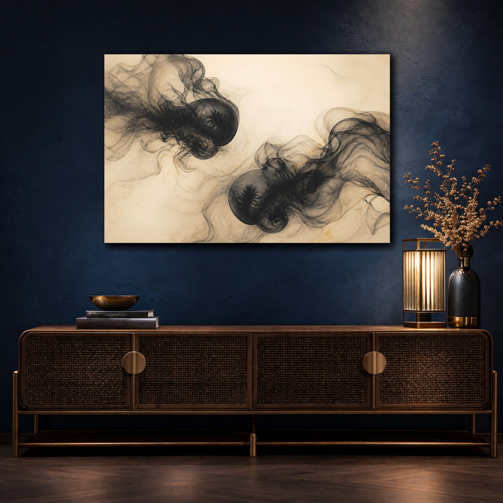 Mockup 4. Sports Boxing Gloves Black Gold Boxing shown as stretched canvas wall art