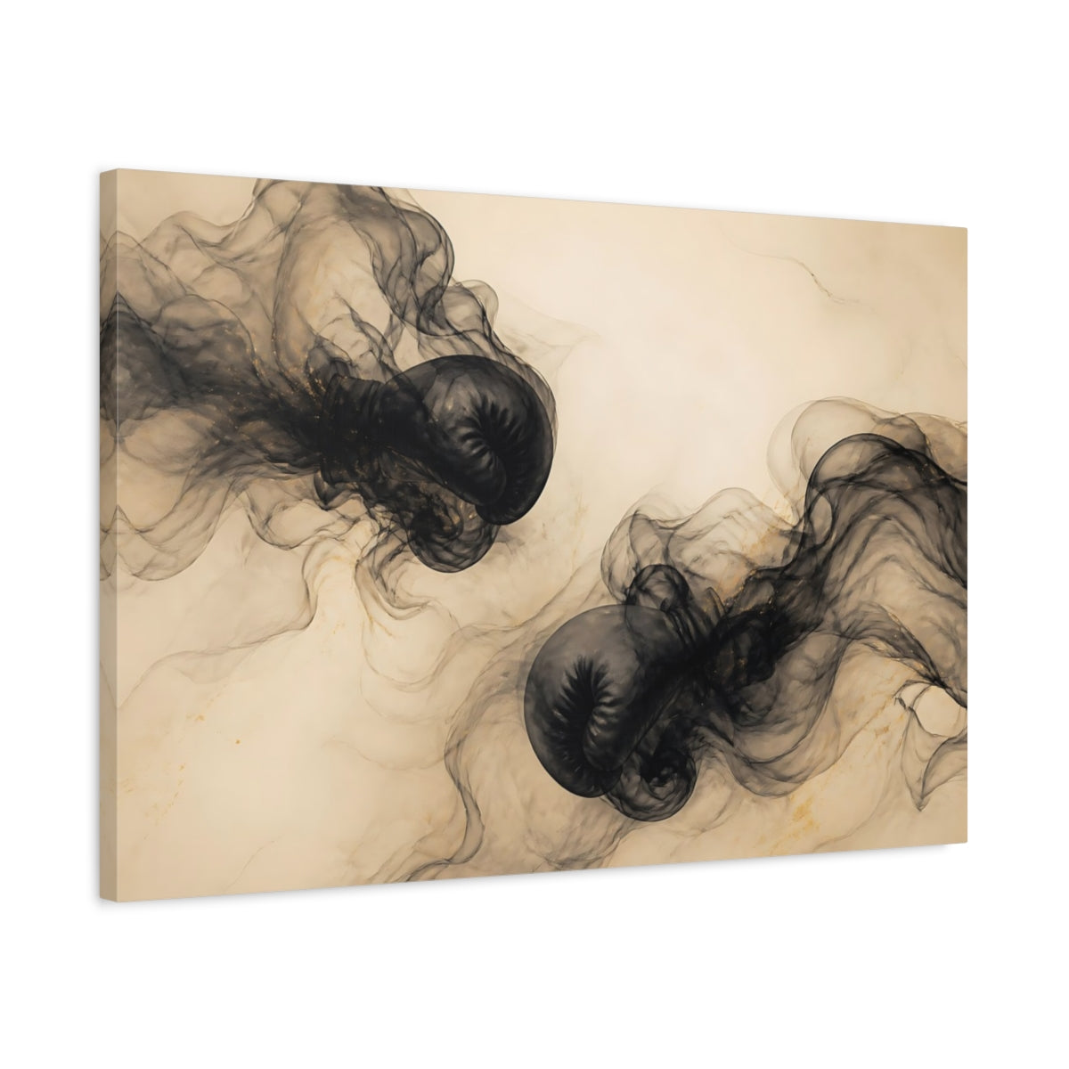 Side Mockup 2. Sports Boxing Gloves Black Gold Boxing shown as stretched canvas wall art