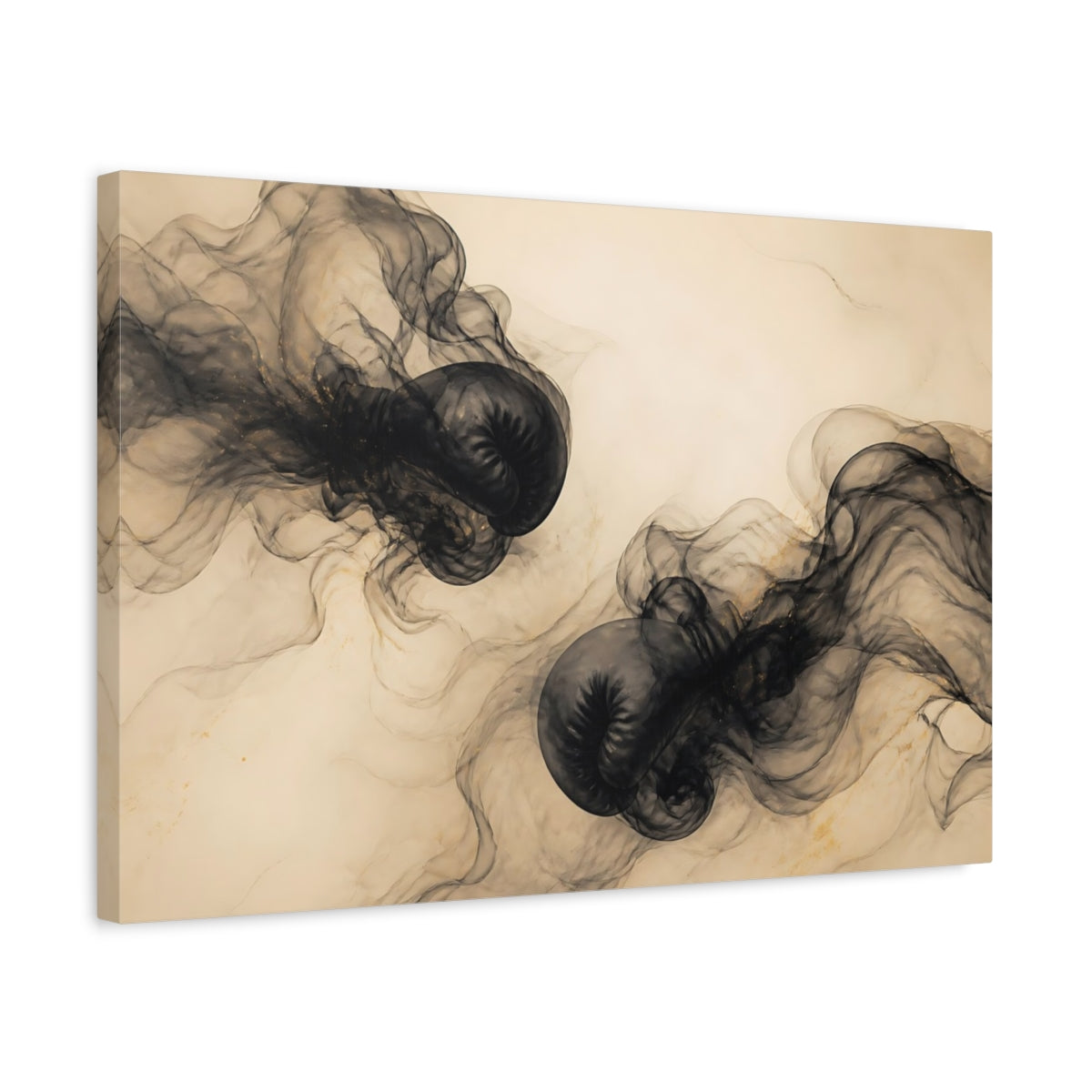 Side Mockup 3. Sports Boxing Gloves Black Gold Boxing shown as stretched canvas wall art