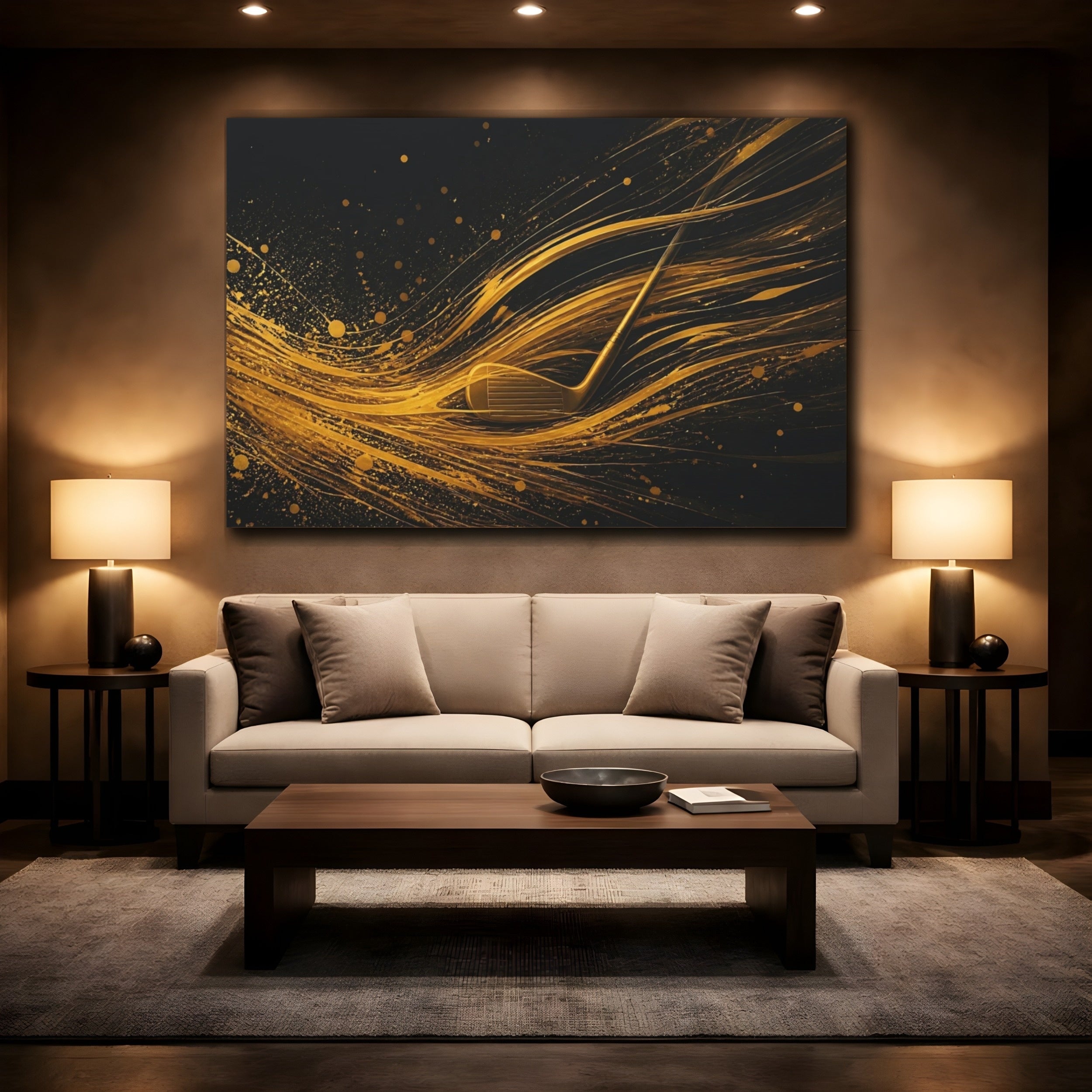 Mockup 2. Sports Golf Club Gold And Black shown as stretched canvas wall art