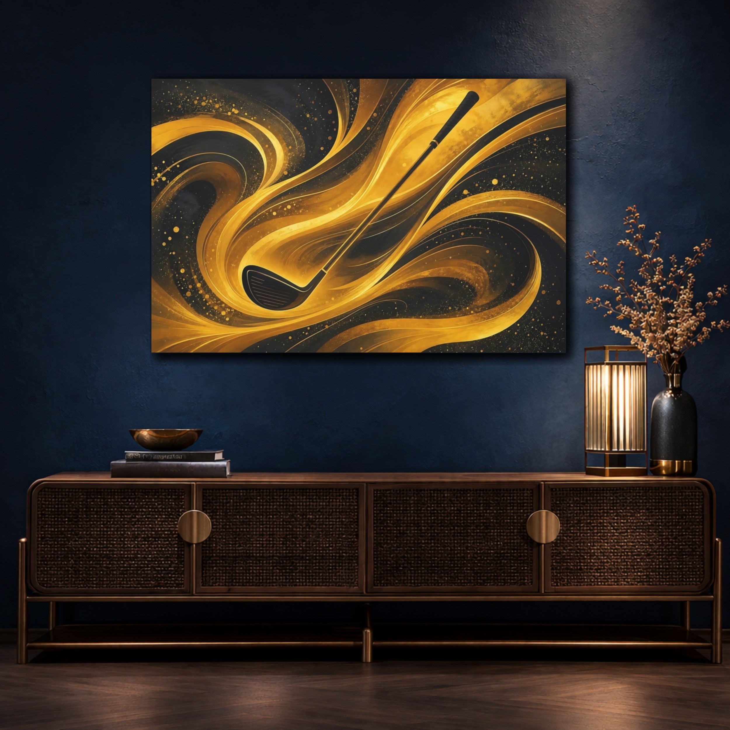 Mockup 4. Sports Golf Club Gold And Black shown as stretched canvas wall art